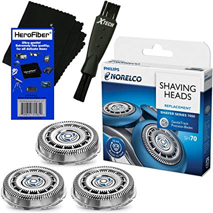 Philips Norelco SH70/52 Replacement Head for Series 7000; S7370, S7371 & S7720 Electric Shavers + Double Ended Shaver Brush + HeroFiber Ultra Gentle Cleaning Cloth