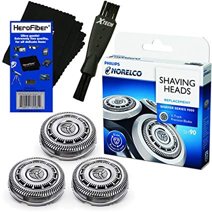 Philips Norelco SH90/62 Replacement Head for Series 8000; S8950 & Series 9000; S9311, S9321, S9511, S9531, S9721, SW6700 & SW9700 Electric Shavers + Shaver Brush + HeroFiber Gentle Cleaning Cloth